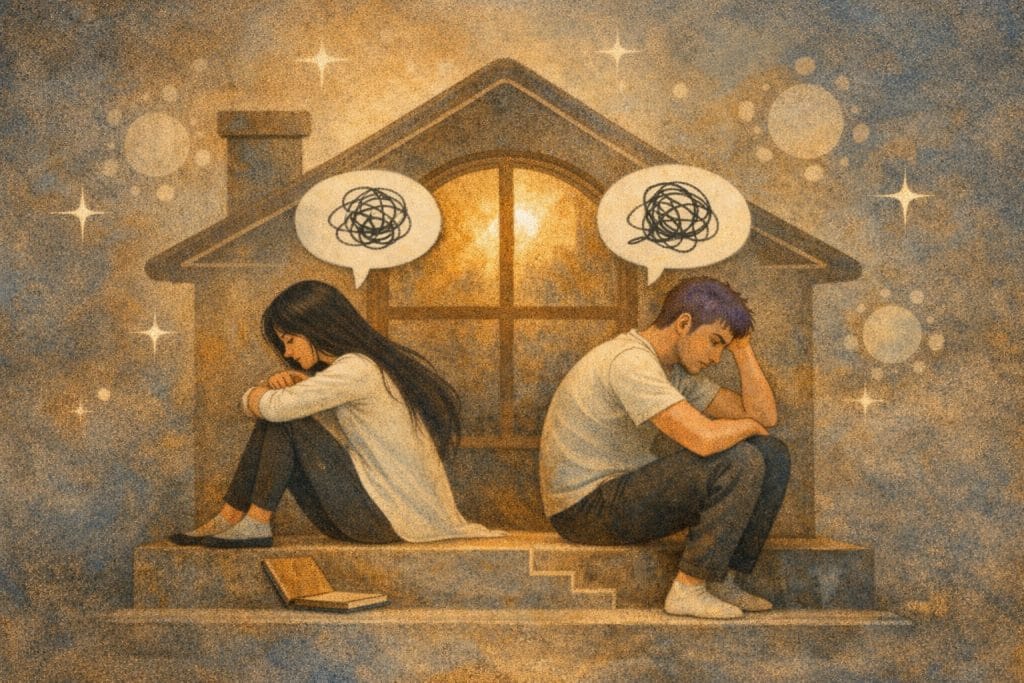 Comment aider une personne atteinte de prosopagnosie : comprendre, accompagner, soutenir au quotidien 2 Illustration montrant deux personnes assises dos à dos sur les marches d’une maison, l’air triste et pensif.
Des bulles au-dessus de leurs têtes contiennent des pensées embrouillées, symbolisant l’inquiétude ou le mal-être.