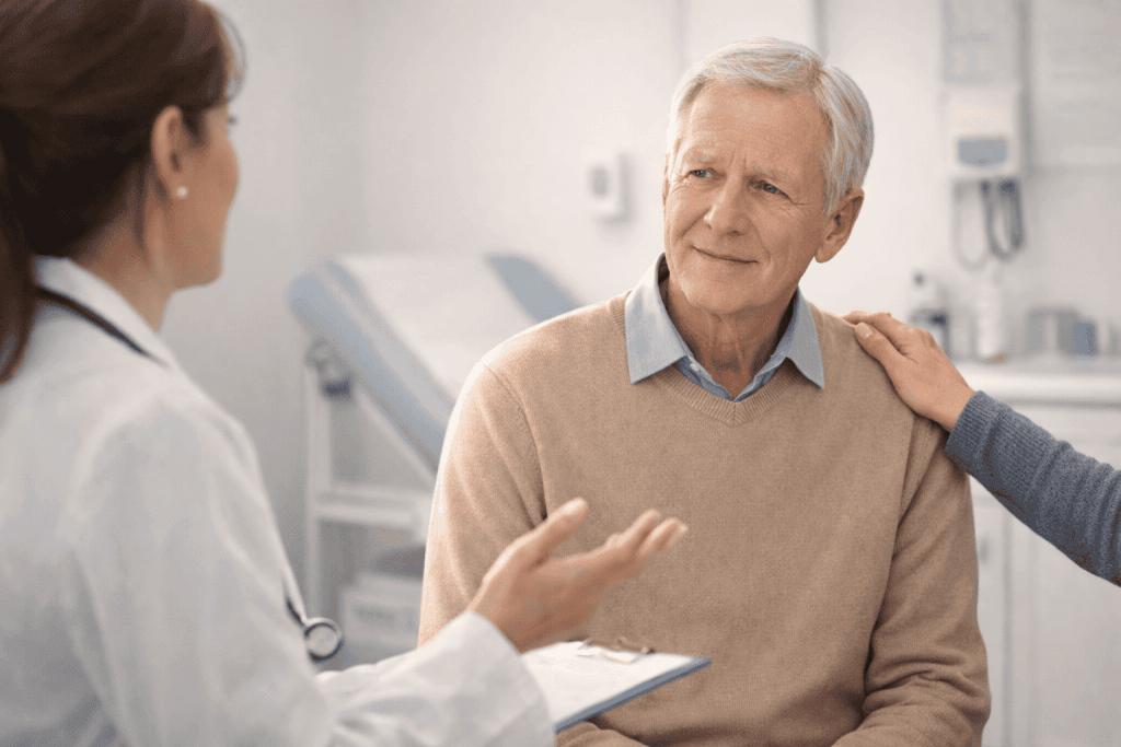 Prosopagnosie et Alzheimer : comprendre les troubles de reconnaissance 1 Homme lors d’une consultation médicale, accompagné d’un proche, écoutant les explications d’une professionnelle de santé.